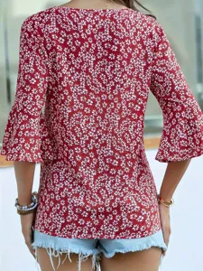 Donna estate stampa floreale collo V vista posteriore maniche a campana top camicia
