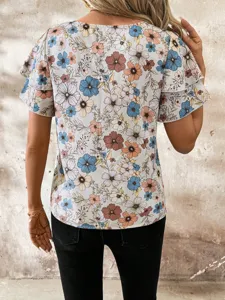 2025 summer women casual floral print short sleeve round neck loose blouse top back view
