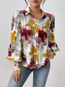 Floral print long sleeve button down blouse with lapel collar and chic puff sleeves for women.