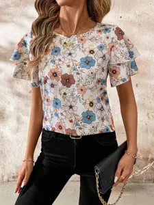 Floral print short sleeve top detail showcasing the elegant tiered ruffle sleeves and round neck.