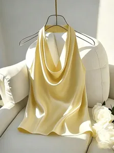 Donne Raso Collo Halter Canotta Francese Drappeggiato Senza Maniche Elegante Casual Tank Top Commuter