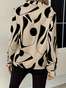 Women casual long sleeve shirt with black abstract geometric print, chic beige blouse top.