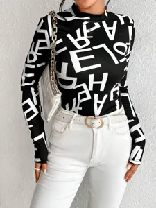 Women's Autumn Winter Casual Slim Fit Long Sleeve Printed T-Shirt Basic Pullover Top