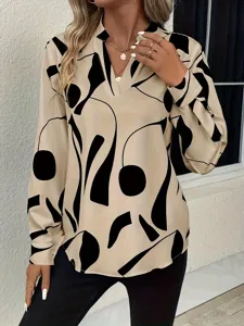 Chic abstract printed V-neck long sleeve blouse for women, casual loose fit stylish top.