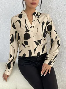 Casual long sleeve V-neck blouse with abstract print, elegant daily wear and stylish office top.