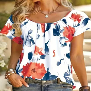 Women casual round neck short sleeve floral print summer top, comfortable and stylish shirt.