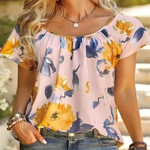 Women pink floral print short sleeve scoop neck casual summer blouse top fashion apparel.