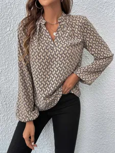 Women's chic V-neck printed blouse featuring elegant lantern sleeves and detailed fit.