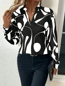 Black and white abstract print long sleeve V-neck blouse for women casual loose top detail