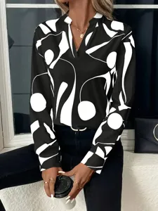 Women black and white abstract print long sleeve V-neck casual loose blouse shirt