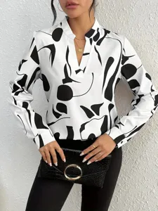 Abstract print V-neck long sleeve blouse for women, elegant casual apparel detail view.