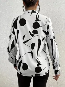 Women casual long sleeve shirt with modern black and white abstract print pattern design.