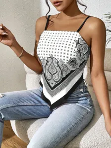 Detailed view of a black and white paisley print handkerchief camisole top for women.
