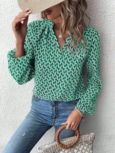 Elegant green geometric print blouse with long lantern sleeves and V-neck for women style.