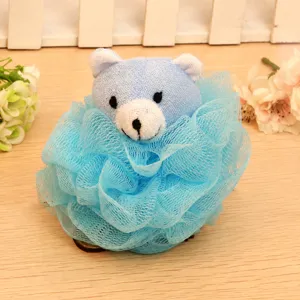 Cute blue bear bath sponge, soft mesh loofah ball for body scrubbing and daily shower cleaning.