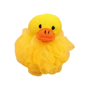 Cute yellow duck bath sponge, super soft mesh loofah for body washing, funny cartoon design.