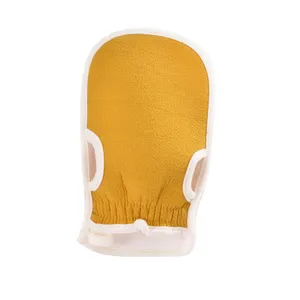 Exfoliating bath glove for body deep cleaning and scrubbing, durable yellow mitt design.