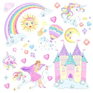 Autocollants muraux château licorne coloré chambre d'enfant décor mignons autocollants arc-en-ciel