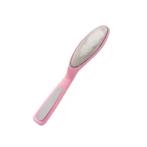 Pink double-sided stainless steel foot file for removing dead skin, calluses and feet care.