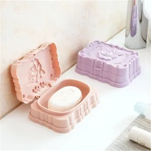 Porte-savon en relief rose avec couvercle support plastique pour salle de bain voyage