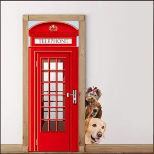 Détail de sticker de porte cabine téléphonique rouge britannique 3D et chiens mignons, papier peint.