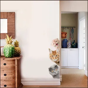 Vue détaillée d'adhésif mural chat mignon 3D, décoration d'angle pour salon et chambre à coucher.