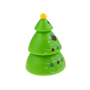 Christmas tree shaped pull back toy car detail view, green plastic festive decorative gift.