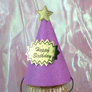 Glitter birthday party hat for kids, cute purple pointy hat with gold star and birthday sign.