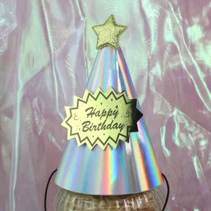 Shiny holographic birthday party hat with gold star and happy birthday sign for children