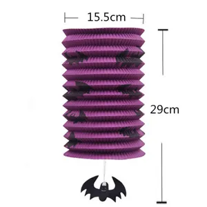 Halloween paarse accordeon papier lantaarn met vleermuis patroon hangende decoratie 15.5x29cm