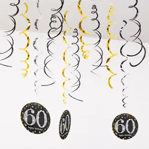 60th birthday party hanging PVC swirls decorations set with black gold silver cards and banners.
