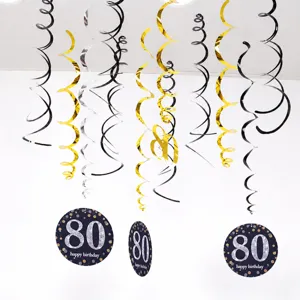 80th birthday party hanging swirl decorations set, black gold silver ceiling PVC decor.