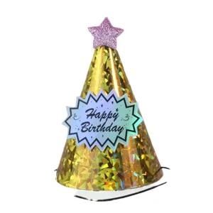 Shiny golden birthday party hat with pink star decoration for cute kids celebration.
