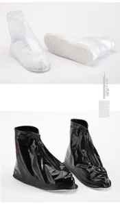 Waterproof rain shoe covers, high-top PVC boots with front zipper for outdoor hiking.