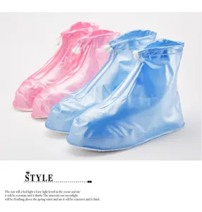 Waterproof rain shoe covers detail, PVC reusable mud boots protectors for outdoor hiking.