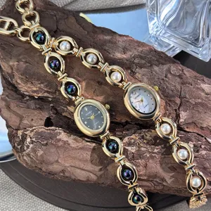 Lussuoso Orologio da Polso a Bracciale con Perle Artificiali Vintage per Donna Elegante Quadrante Ovale al Quarzo Placcato Oro Lega Catena Bracciale Orologio Gioielli di Moda