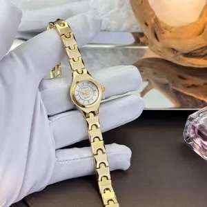 Elegant gold quartz women watch with slim strap and minimalist small dial for daily wear.