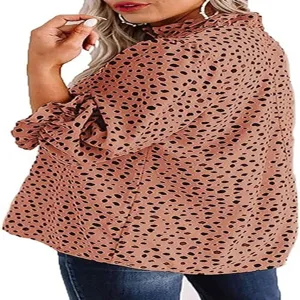 Detailed view of the women's stylish long-sleeve printed blouse with ruffled collar.