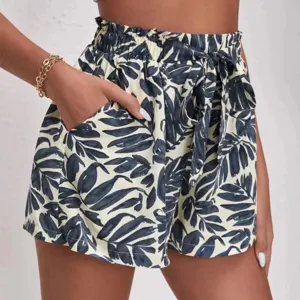 Women Casual High Waist Botanical Print Loose Shorts Summer Drawstring Pocket Soft Polyester Shorts
