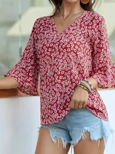 Donna Elegante Scollo V Stampa Floreale Maniche Corte Campana Casual Estate Moda Top Blusa