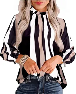 Women long sleeve striped blouse high neck fashion elegant casual shirt top daily wear