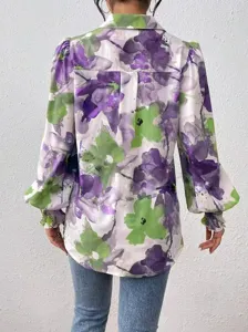 Women long sleeve floral print blouse casual lapel button down loose shirt for daily wear.