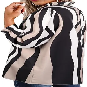Detail view of women elegant long sleeve ruffle neck wavy striped blouse casual top.
