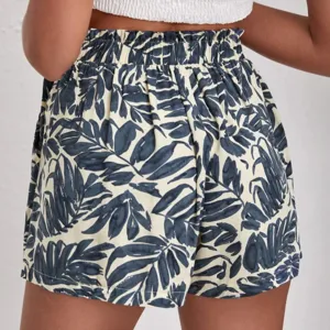 Women's high waist casual loose tropical leaf print shorts, comfortable summer beach wear.