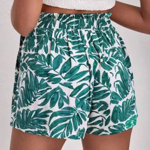 Women casual loose shorts high waist green tropical leaf print fashion back view summer 2024