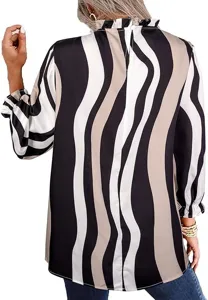 Chic women long sleeve wavy striped blouse elegant round neck fashion printed top detail