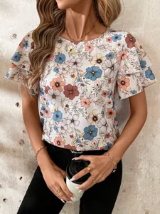 Close-up detail of women's short sleeve floral blouse, showing layered ruffle sleeve design.