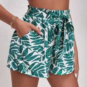 Women casual high waist tropical leaf print shorts with bow tie loose summer beach shorts