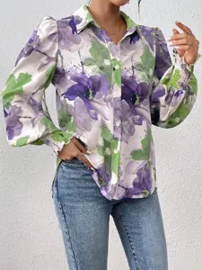 Women casual floral print long sleeve blouse with puff sleeves and button down front design.