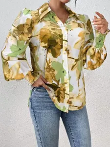 Women's long sleeve floral printed blouse with lapel collar and puff sleeves for daily wear.